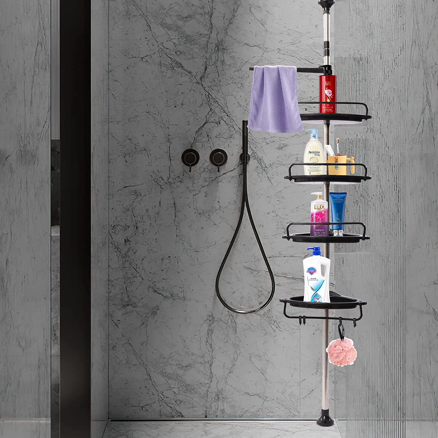 Oukaning 4-Tier Height-Adjustable Shower Shelf With 4 Baskets and