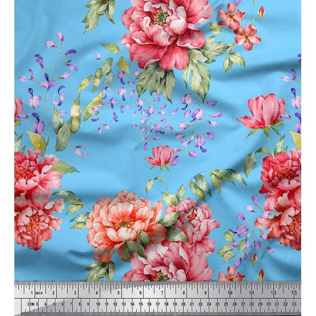 Soimoi Silk Fabric Leaves & Peony Floral Fabric Prints by Yard 42 Inch Wide