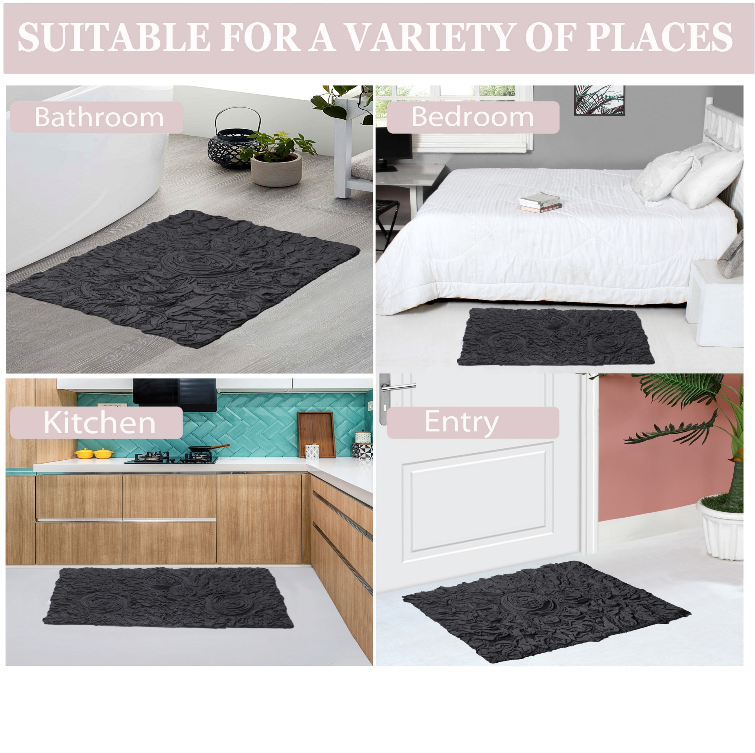 Home Weavers Bell Flower Collection 100% Cotton Non-Slip Bathroom Rug Set Machine Washable Heart Shape Bath Rug-25"x25", Bath Rug- 21"x34", Gray Color 2 Piece Bath Carpet set