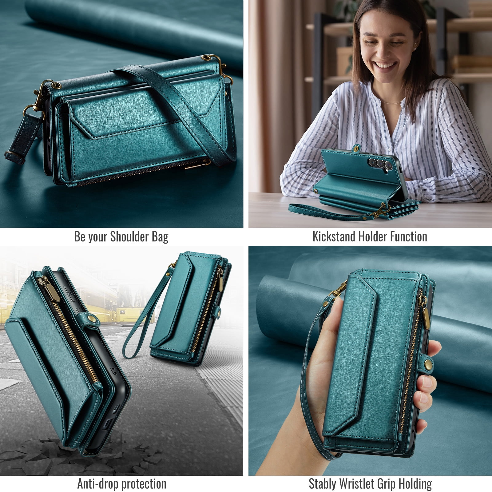 Compatible with Samsung Galaxy S24 FE 5G Zipper Wallet Phone Case Tempered Glass Screen Protector Crossbody Lanyard Strap Flip Card Holder Slot Cell Cover for S 24 EF AI S24FE 24S Women Girls Green