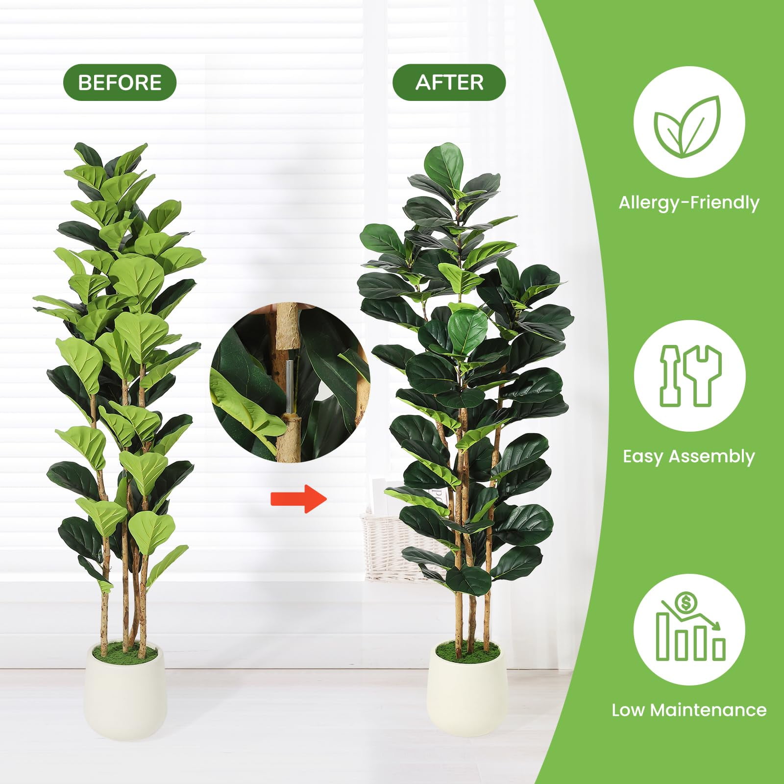 Faux Fiddle Leaf Fig Tree 5/6/7 FT, Artificial Ficus Tree with Tall Artificial Plants, Lifelike Fake Tree for Home Decor Living Room Indoor Outdoor