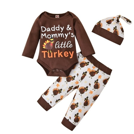 

Kiapeise Newborn Infant Baby Boy Thanksgiving Little Turkey Outfit Brown Romper Bodysuit and Pants Set with Hat Pajamas