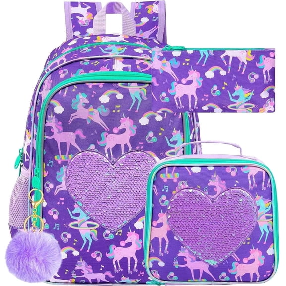 3Pcs Unicorn Backpack for Girls, 16" Sequin Kids Bookbag with Lunch Box,School Backpacks for Elementary Preschool Kindergarten (Purple)