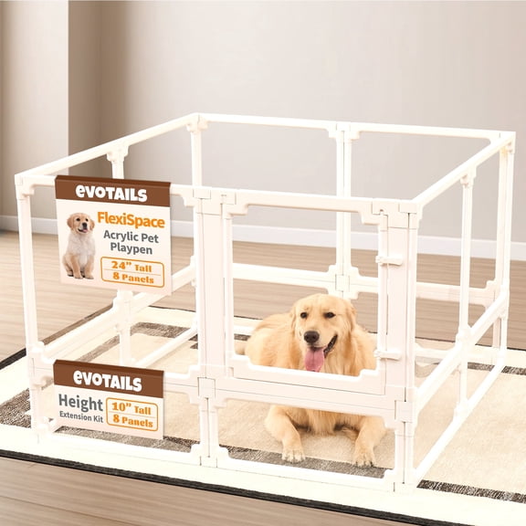 EVOTAILS FlexiSpace Adjustable Clear Dog Play Pen, Expandable & Stackable Puppy Playpen Acrylic Dog Playpen, ONLY Dog Play Pen Indoors Grow with Your Pet (24”H, 8 Panels)
