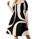 thumbnail image 2 of Vestido de manga corta con estampado minimalista abstracto retro en negro y crema almendra, estilo coreano, elegante, para mujer., 2 of 8