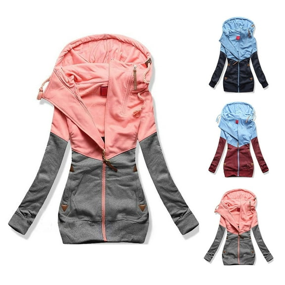 Fesfesfes Women Hooded Long Sleeve Multicolor Hooded Lapel Double Zipper Commute T-Shirt Top or