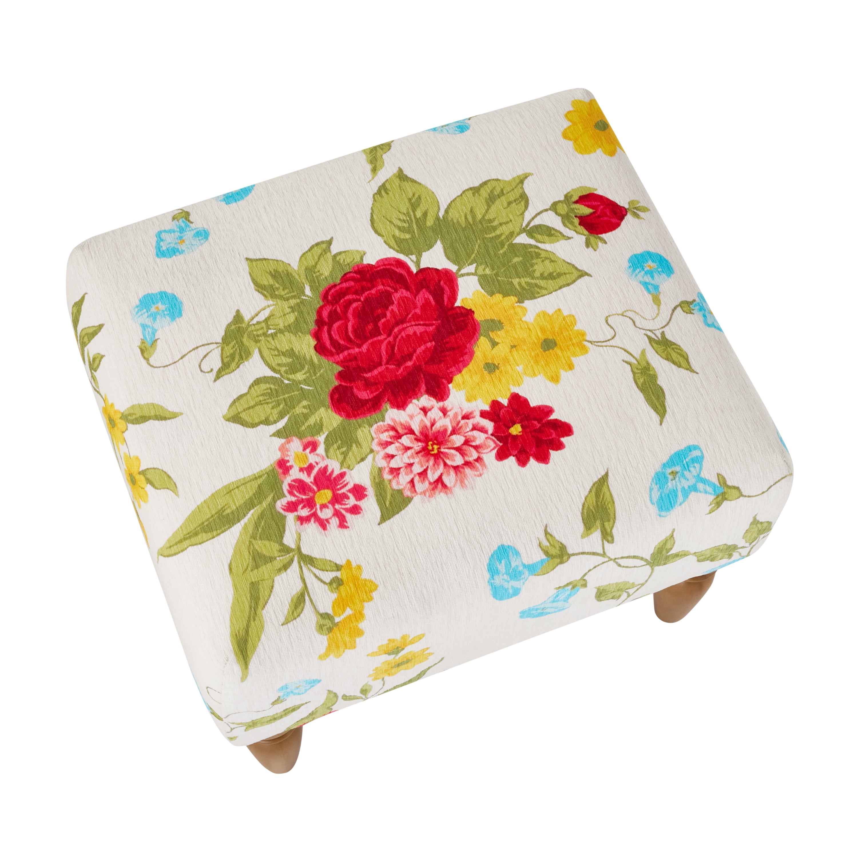 The Pioneer Woman Sweet Rose Ottoman, White Floral, 17.25 in Seat Height