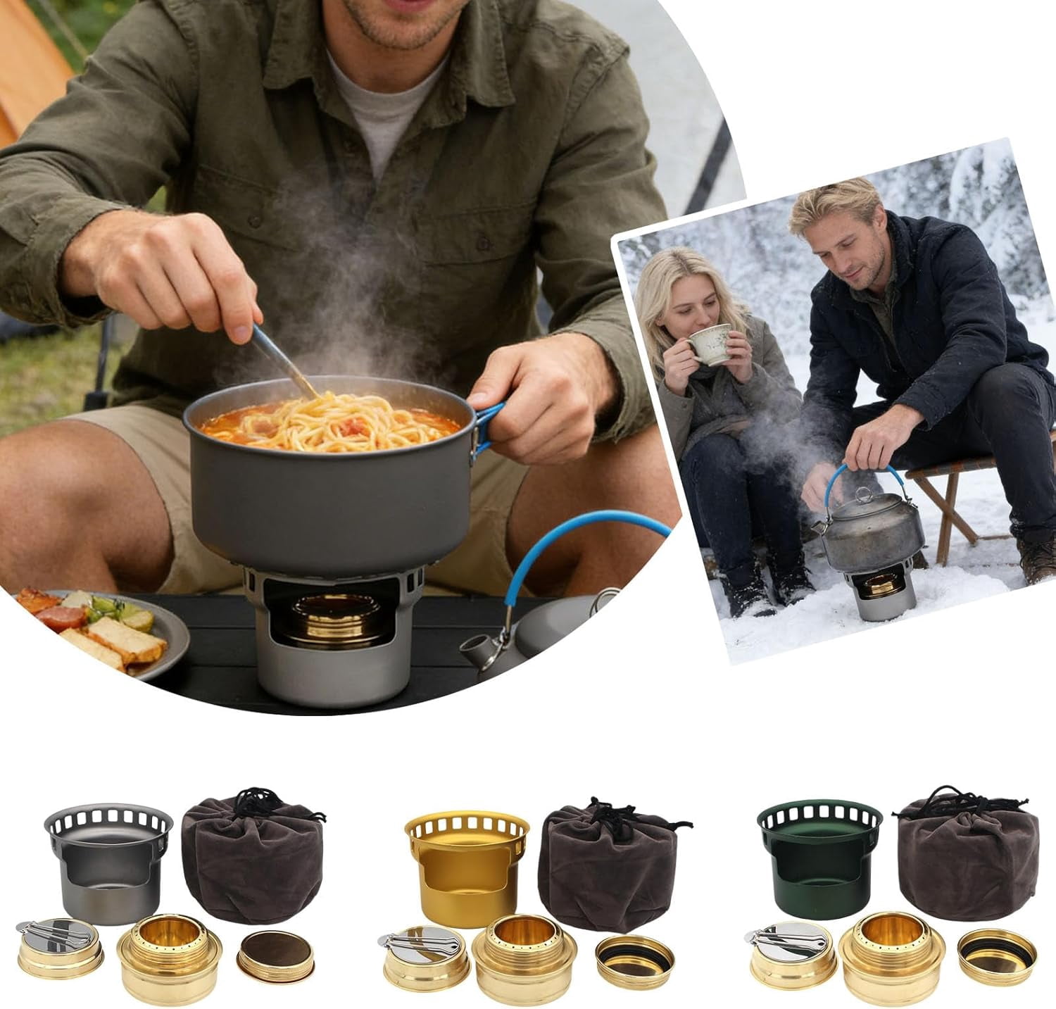Portable Alcohol Stove for Camping, Double-Layer Mini Alcohol Burner with Stands Brackets & Storage Bag, Compact Outdoor Camping Stove for Backpacking Hiking Picnic Emergency Daily Use (Gold)(Q)