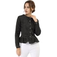 thumbnail image 3 of Chaqueta de mezclilla con cuello redondo y botones de manga larga con volante recortado y peplum para mujer Negro M, 3 of 6