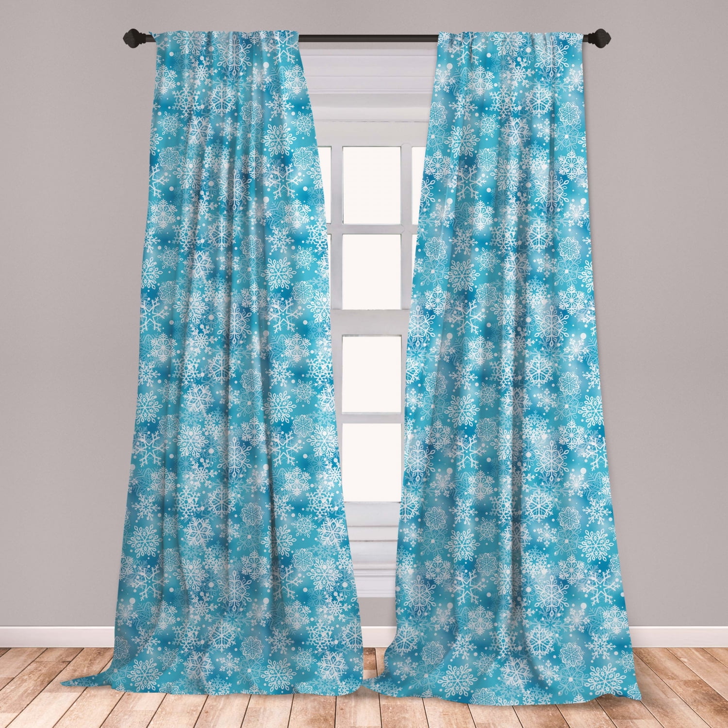 Snowflake Curtains 2 Panels Set, Pattern of Winter Motifs Cold Weather