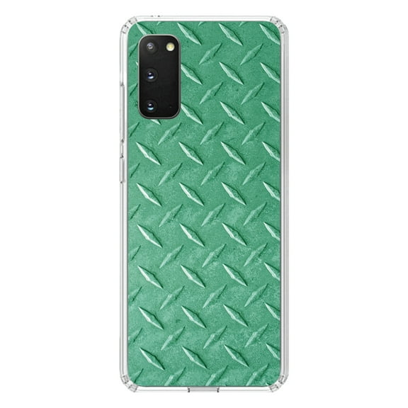 DistinctInk Clear Shockproof Hybrid Case for Galaxy S20 PLUS / 5G (6.7" Screen) - TPU Bumper, Acrylic Back, Tempered Glass Screen Protector - Green Diamond Plate Steel Image - Printed Diamond Plate