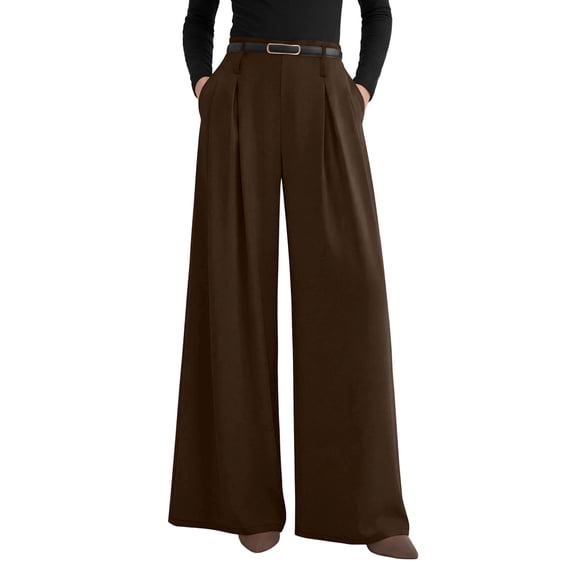 Womens Spring Wide Leg Trousers Loose Pleated Long Flowy Palazzo Work Pants with Pockets Brown S