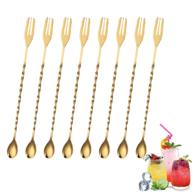 FloreceBien Cucharón de barra de acero inoxidable Cucharón para hielo Cuchara mezcladora de doble extremo Tenedor Cuchara para coctelera de mango largo