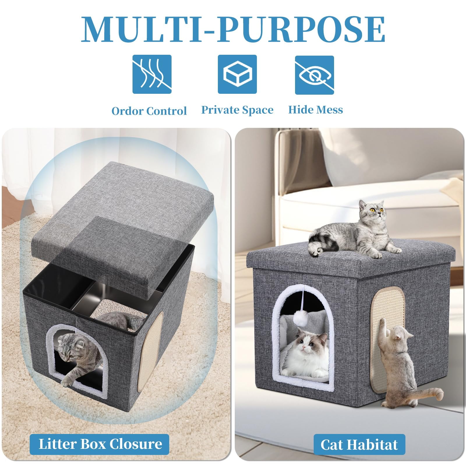 ZXMT Cat Litter Box Enclosure Furniture, Foldable Hidden Litter Box with Mesh Storage Bag, Litter Box Furniture with Waterproof Inside, Easy Clean