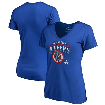 Baseball V-neck T-shirt - Los Angeles Dodgers Fanatics Branded Women's MLB Marvel Captain's Shield V-Neck T-Shirt - Royal