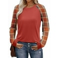 thumbnail image 1 of Camisas de Larga para Mujer, Blusas Raglán con Bloques de Color, Camisetas Básicas Informales de Cuello Redondo, Ropa de Otoño. Rojo Enrejado L, 1 of 8