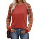 thumbnail image 1 of Camisas de Larga para Mujer, Blusas Raglán con Bloques de Color, Camisetas Básicas Informales de Cuello Redondo, Ropa de Otoño. Rojo Enrejado L, 1 of 8
