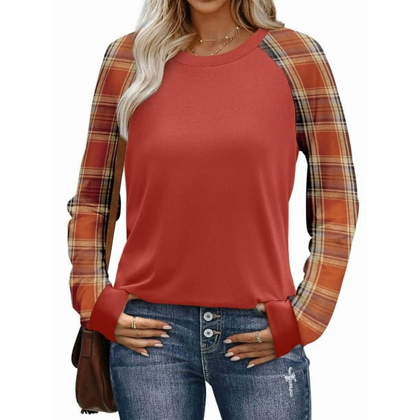 Camisas de Larga para Mujer, Blusas Raglán con Bloques de Color, Camisetas Básicas Informales de Cuello Redondo, Ropa de Otoño. Rojo Enrejado L