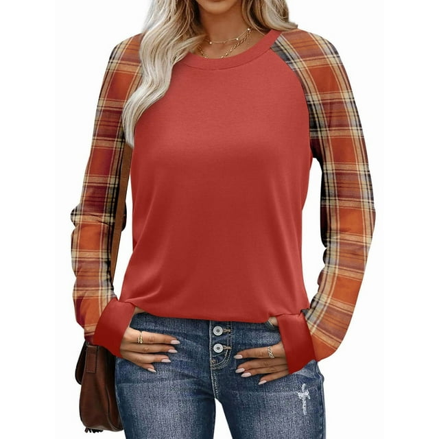Camisas de Larga para Mujer, Blusas Raglán con Bloques de Color, Camisetas Básicas Informales de Cuello Redondo, Ropa de Otoño. Rojo Enrejado S
