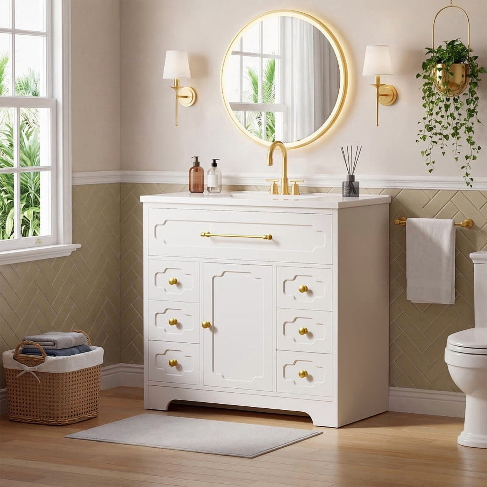 Lacoo 36'' Bathroom Vanity with Ceramic Sink Top, Modern Bathroom Storage Cabinet with Soft Close Drawers, Pre-Drilled Faucet Holes, Freestanding Vanity for Bathroom, White(2 Pack)