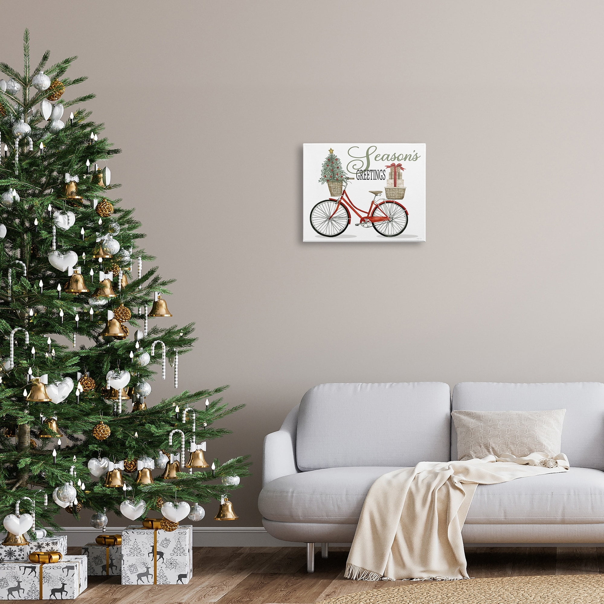 Season's Greetings Festive Holiday Bicycle Gifts Basket Inspirational Graphic Art Gallery-Wrapped Canvas Print Wall Art