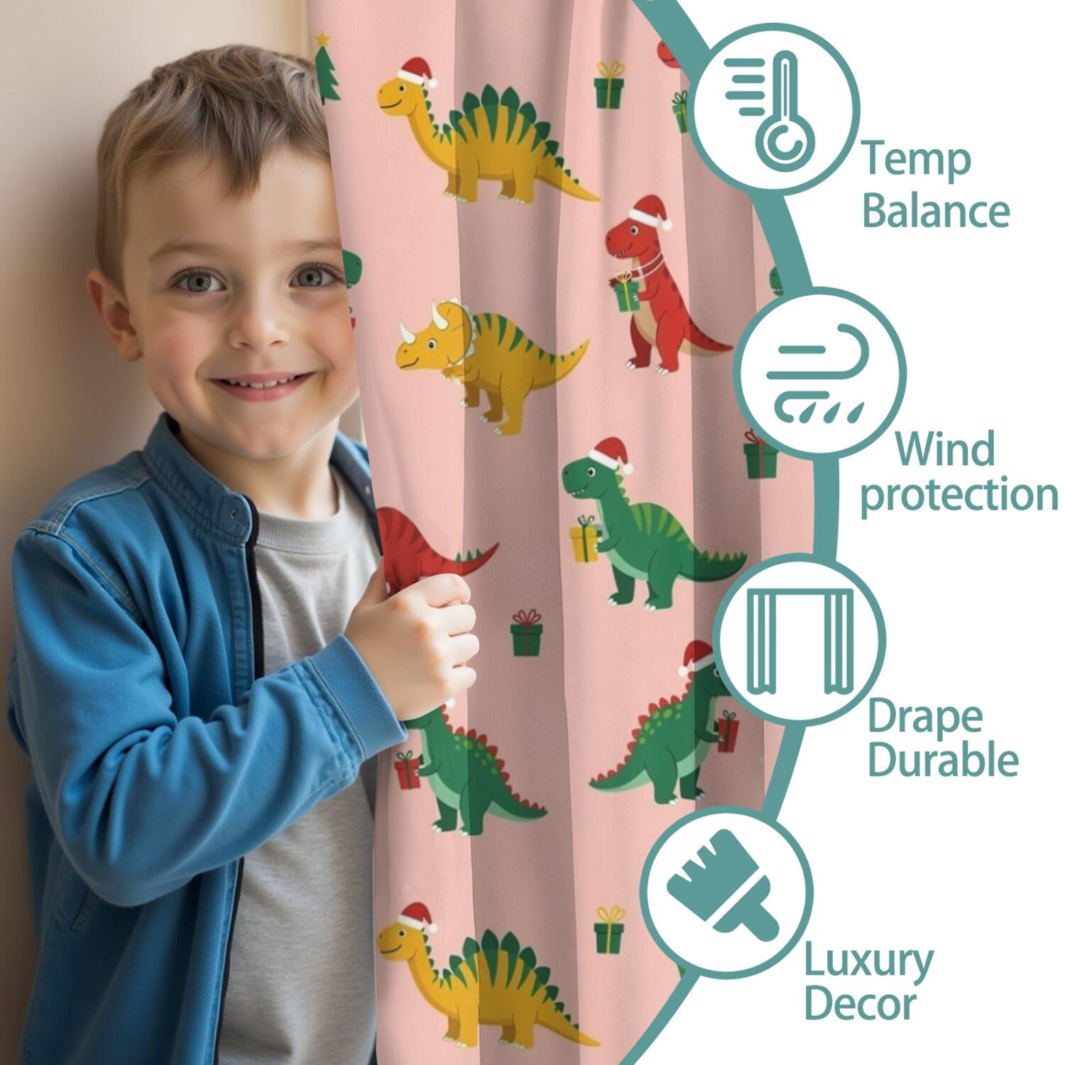 Blackout Kids Curtains,Pink Christmas Dinosaurs Pattern Childrens Insulated Curtains Set Of 2,Bedroom Essentials,Toddler Room Decor 42"x54"