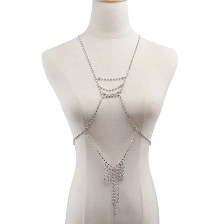 Crystal Body Chain Bra Chest Chain Harness Body Jewelry for Women and Girls-silver
