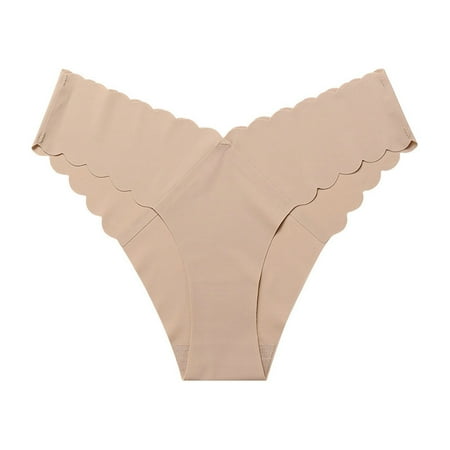 Hamky Womens Underwear Cotton Underwear Women Casual Solid Wavy Lace V Shaped Waist Ice Silk Underwear Seamless Underwear Hipster Panties Khaki M