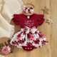 thumbnail image 2 of Vestido Para Niñas, Ropa Para Niñas Pequeñas, Moda Para Niños Pequeños, Estampado De Flores s, Volantes, Mono De Manga Corta, Falda Corta, Traje Con Lazo Rojo Odeerbi LM103-8554, 2 of 9