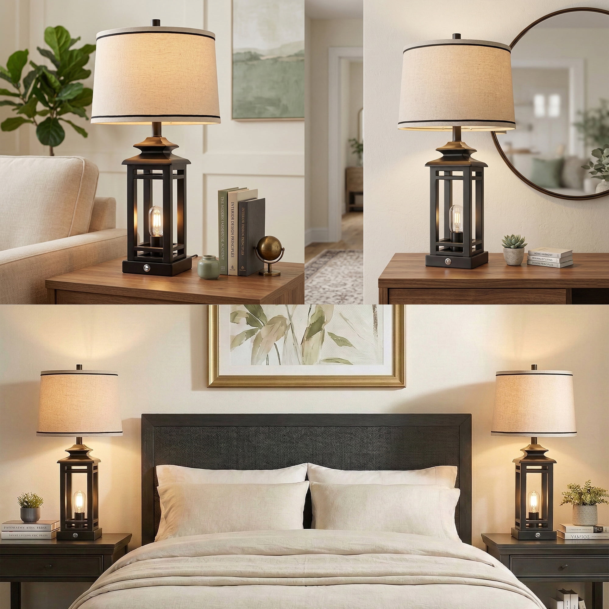 26in Farmhouse Table Lamp Black Desk Lamp with Linen Shade, LED Bulbs Included for Bedroom Living Room