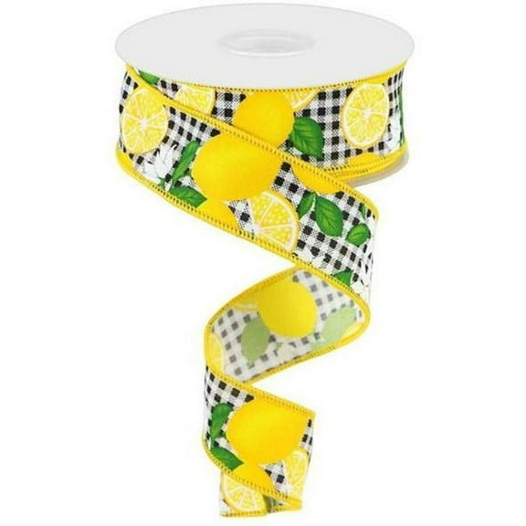 1.5" Lemon with Leaves Check Ribbon: Black White (10 Yards)