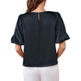 thumbnail image 5 of Women'S Satin Silk Blouses Puff Short Sleeve Dressy Casual Tops Loose Fit Crew Neck Cropped Shirts Navy Blue XL, 5 of 10