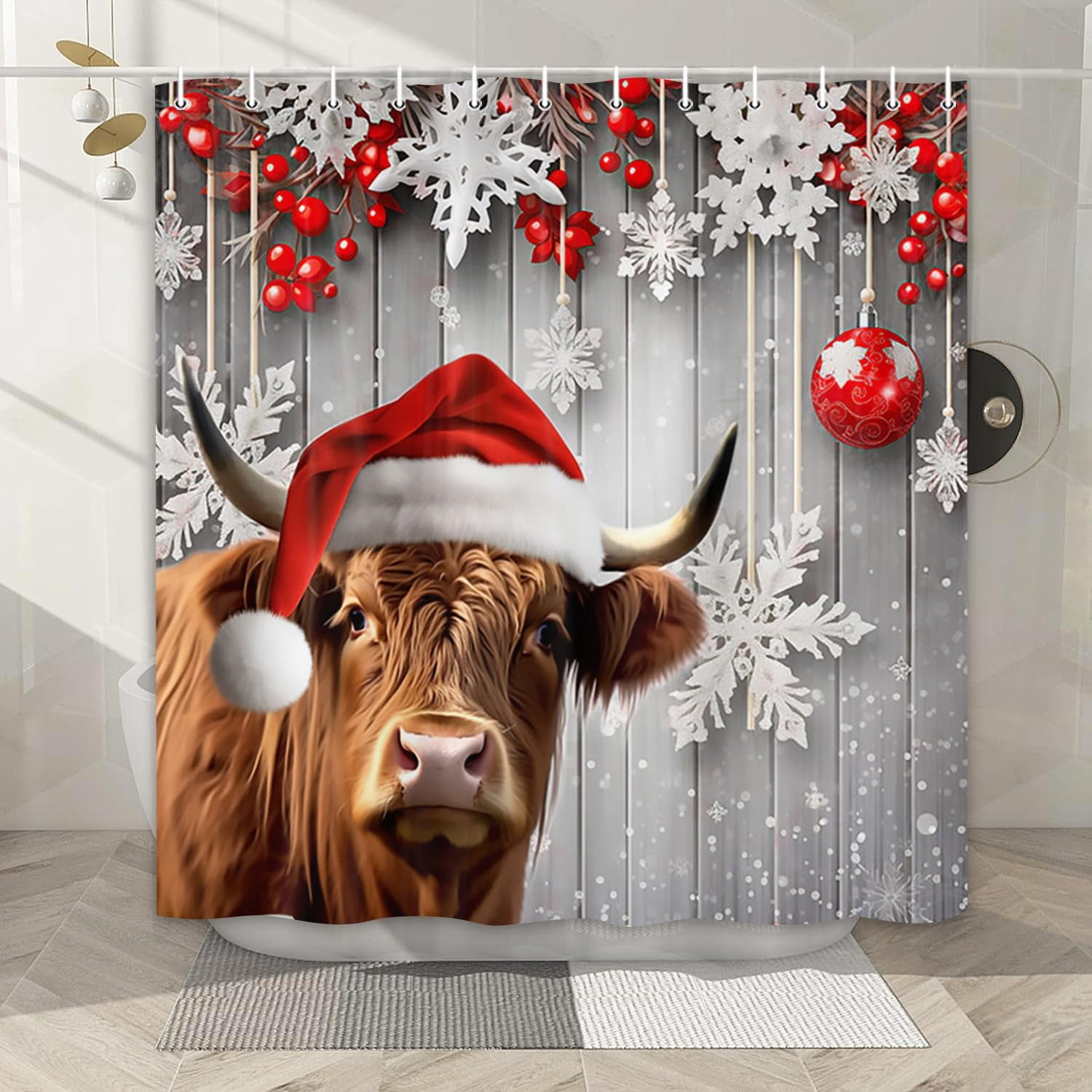 Highland Cow Christmas Shower Curtain, Funny Animals on Rustic Wooden Board Winter Farmhouse Snow Bathroom Bathtubs Decor, Polyester Fabric Xmas Pine Snowflake Bathroom Accessories with Hooks, 60X70in