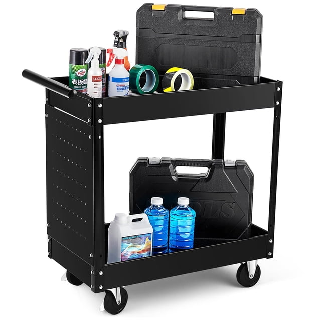 BeesClover Chariot à Outils à 2 Plateaux, Chariots à Outils Roulants de 400 Lb sur Roues, Chariot Utilitaire Robuste avec Panneau Perforé, Chariot de Rangement pour Outils de Mécanicien pour Garage, Entrepôt et Atelier de Réparation