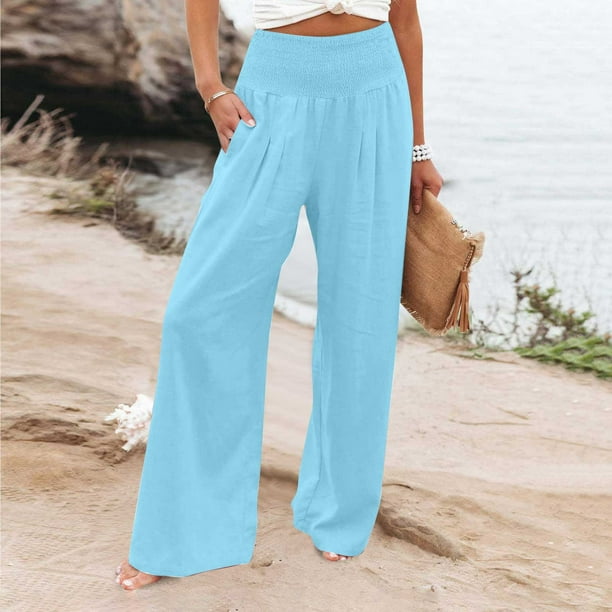ICHUANYI Clearance Women's Loose Wide Leg Pants High Waist Straight Pants Casual Solid Pants(Light Blue, S) ICHUANYI WER2023080817754