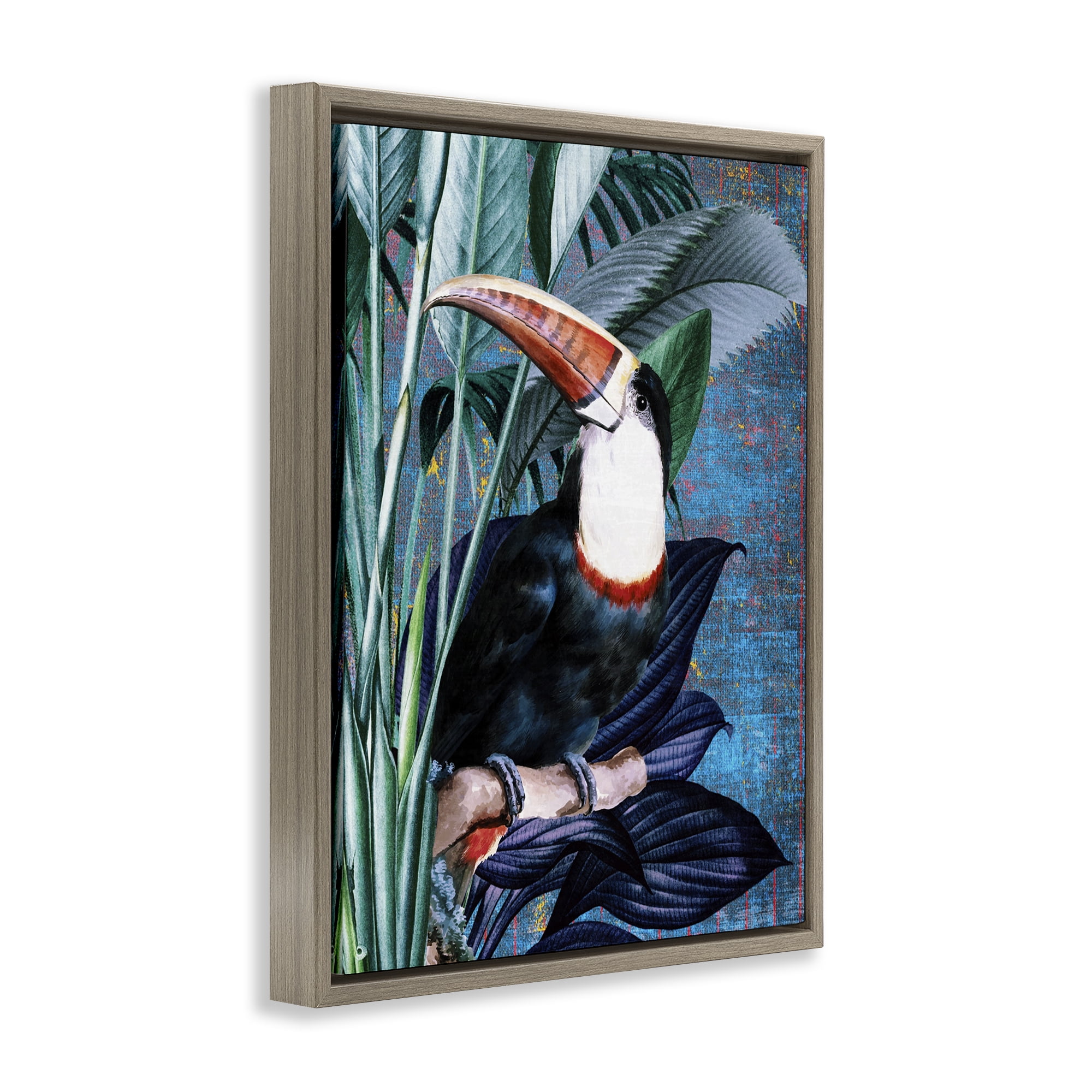 Stupell Industries Smiling Toucan on Branch Animals Painting Brown Floater Framed Canvas Art Print Wall Art, 25 x 31