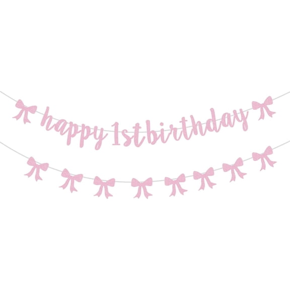 Pink Bow 1st Birthday Decorations,Pre-Strung Glitter First Birthday Banner Sign for Baby Girl Sweet One,Girls Just Wanna Be One,Bow Themed 1st Party Decorations Supplies Decor