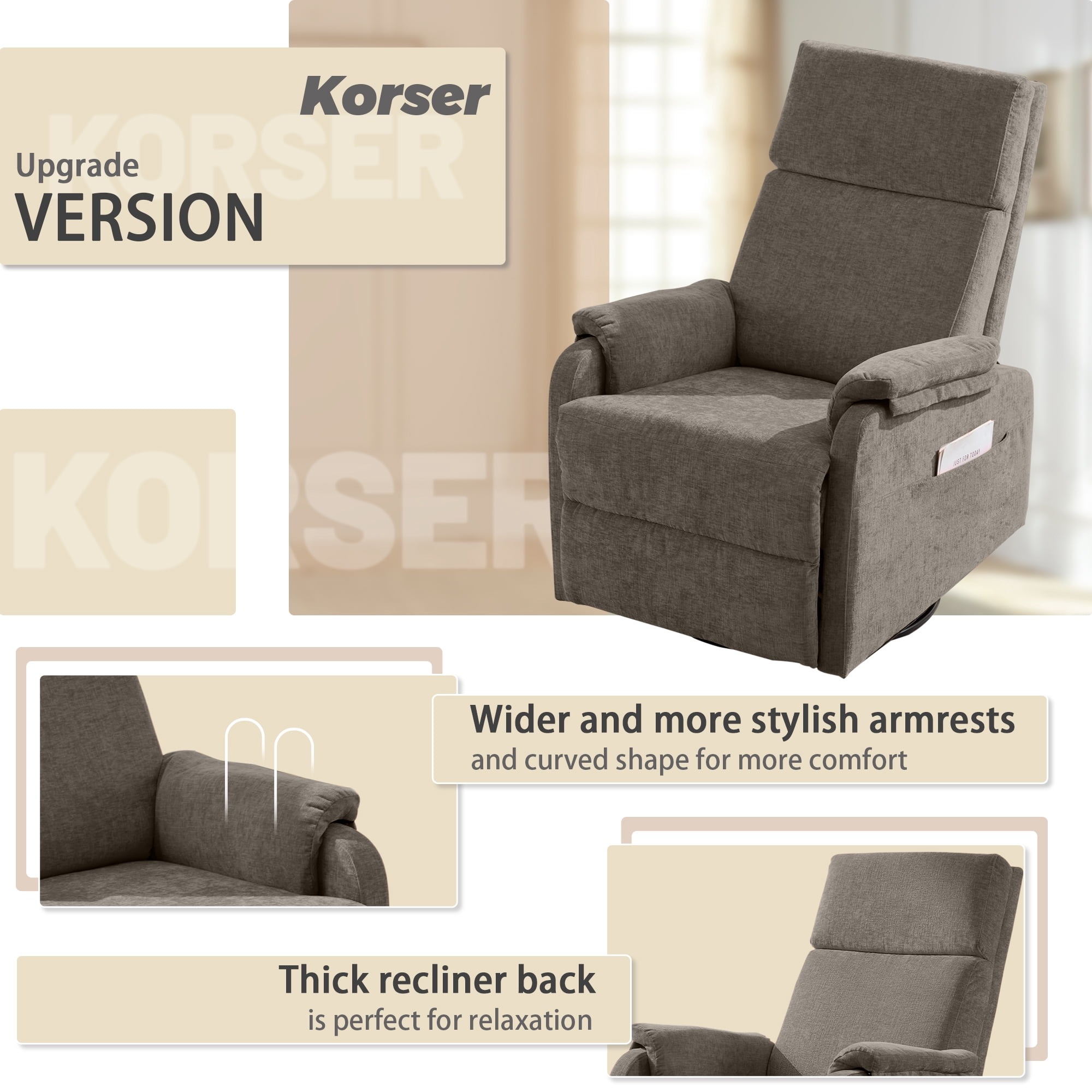 Korser Swivel Rocker Recliner Chair for Small Spaces Chenille for Living Room,Brown