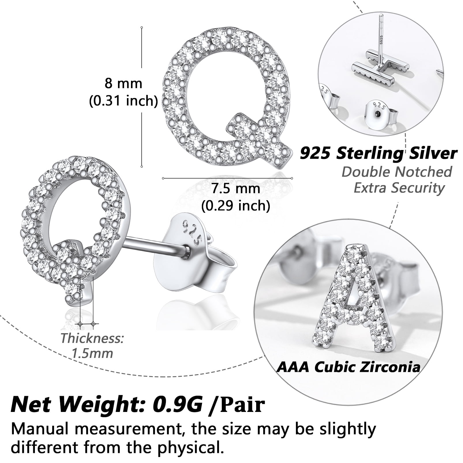 Silvora Sterling Silver Initial Stud Earrings for Women CZ Simulated Diamond Fashion Alphabet Letter Earring Birthday Christmas Valentines Jewelry Gift, Q