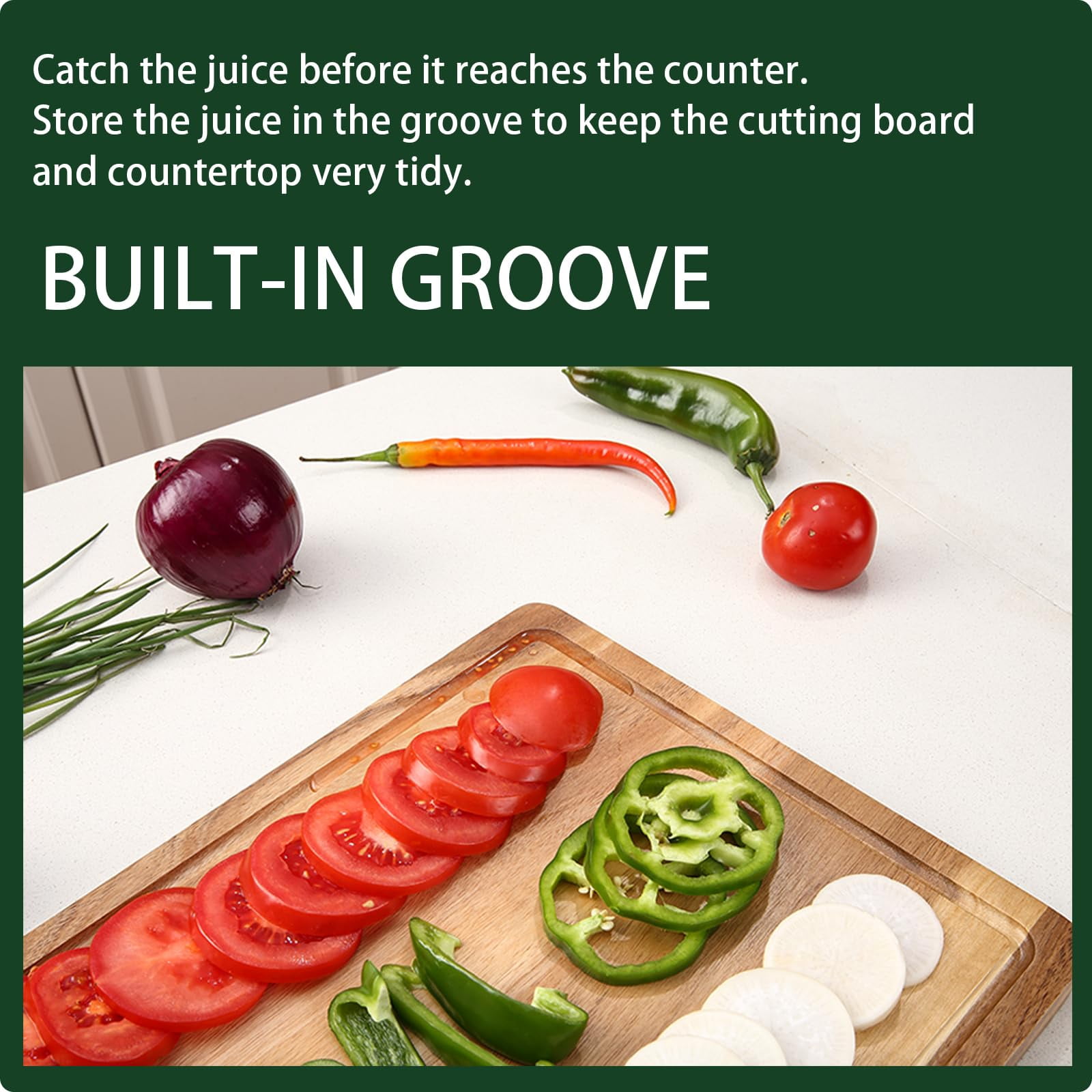 18'' x 12'' Acacia Wood Cutting Board, 1'' Thick Chopping Board with Deep Juice Groove and Back Inner Handles, Kitchen Butcher Block Cutting Board for Meat, Vegetables and Fruit