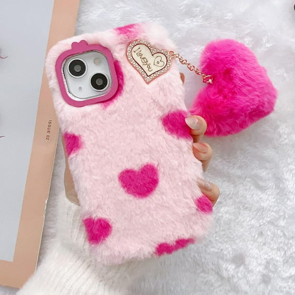 Compatible with iPhone 15 Plush Furry Case with Cute 3D Love Heart Fuzzy Ball Pendant Fashion Fuzzy Fluffy Case Luxury Bling Glitter Diamond Rhinestones for Women Girls Girly