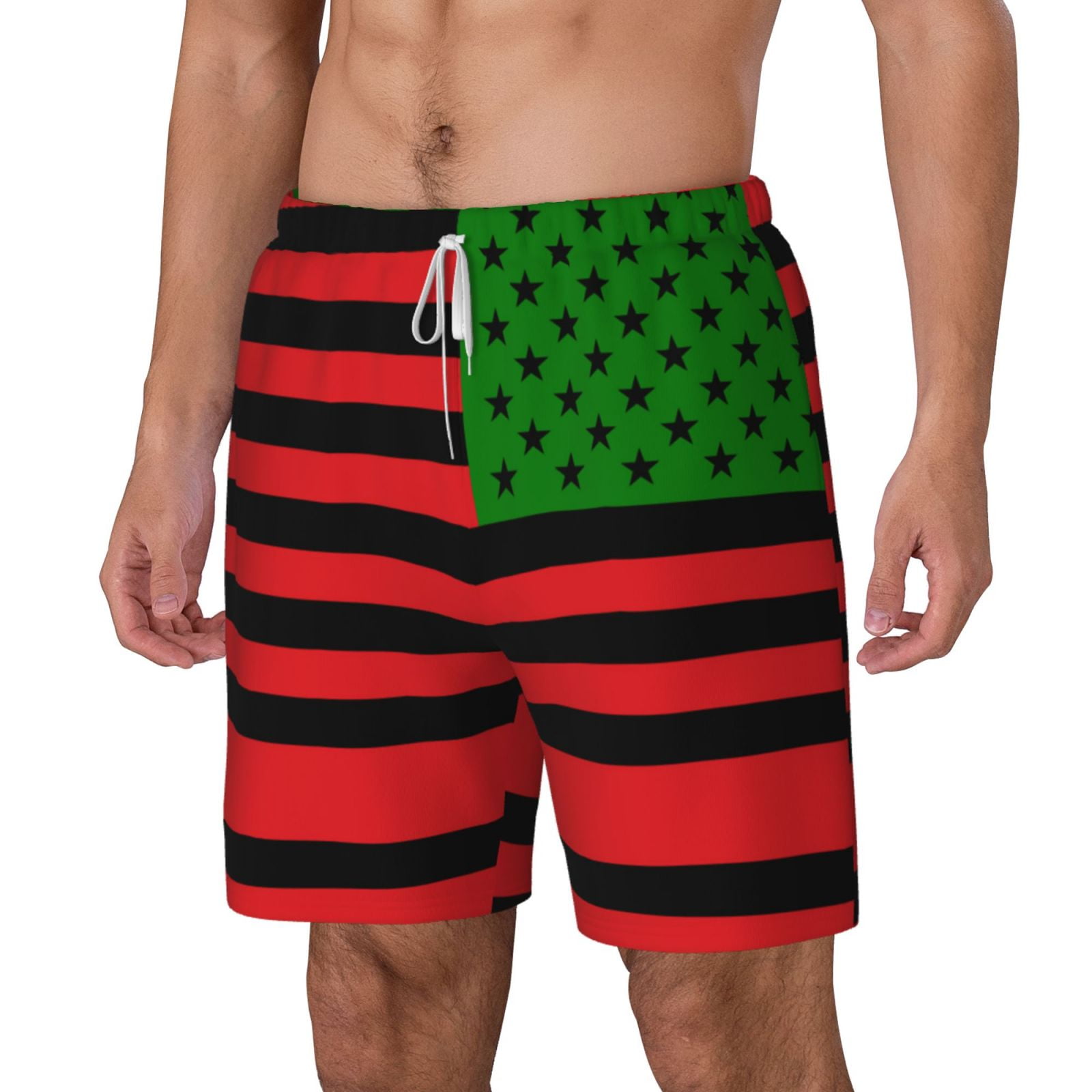 Men's America Flag - Red Black And Green Swim Trunks with Compression Liner Bathing Suit Swimwear