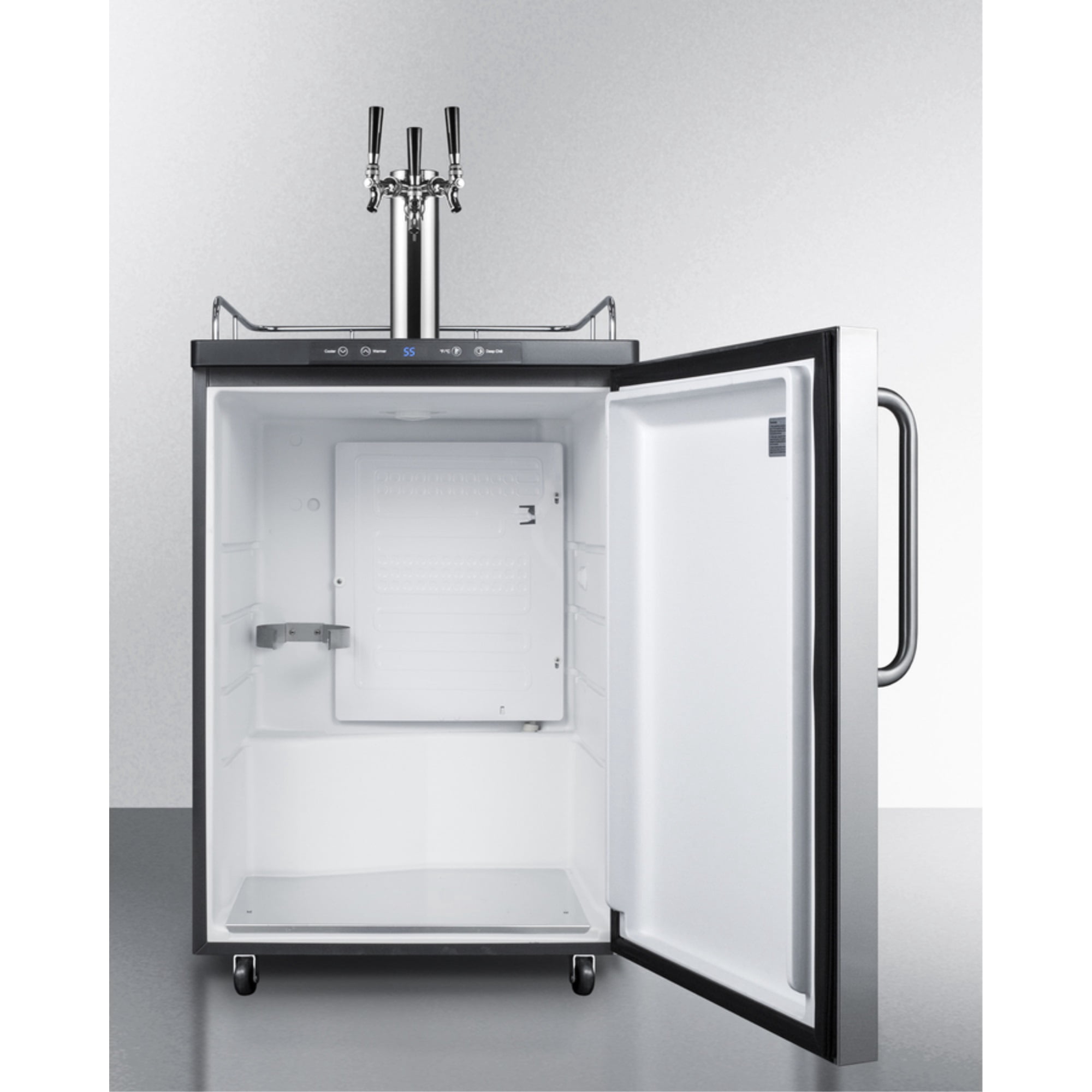 Freestanding residential beer dispenser, auto defrost with triple tap kit, digital thermostat and stainless steel door