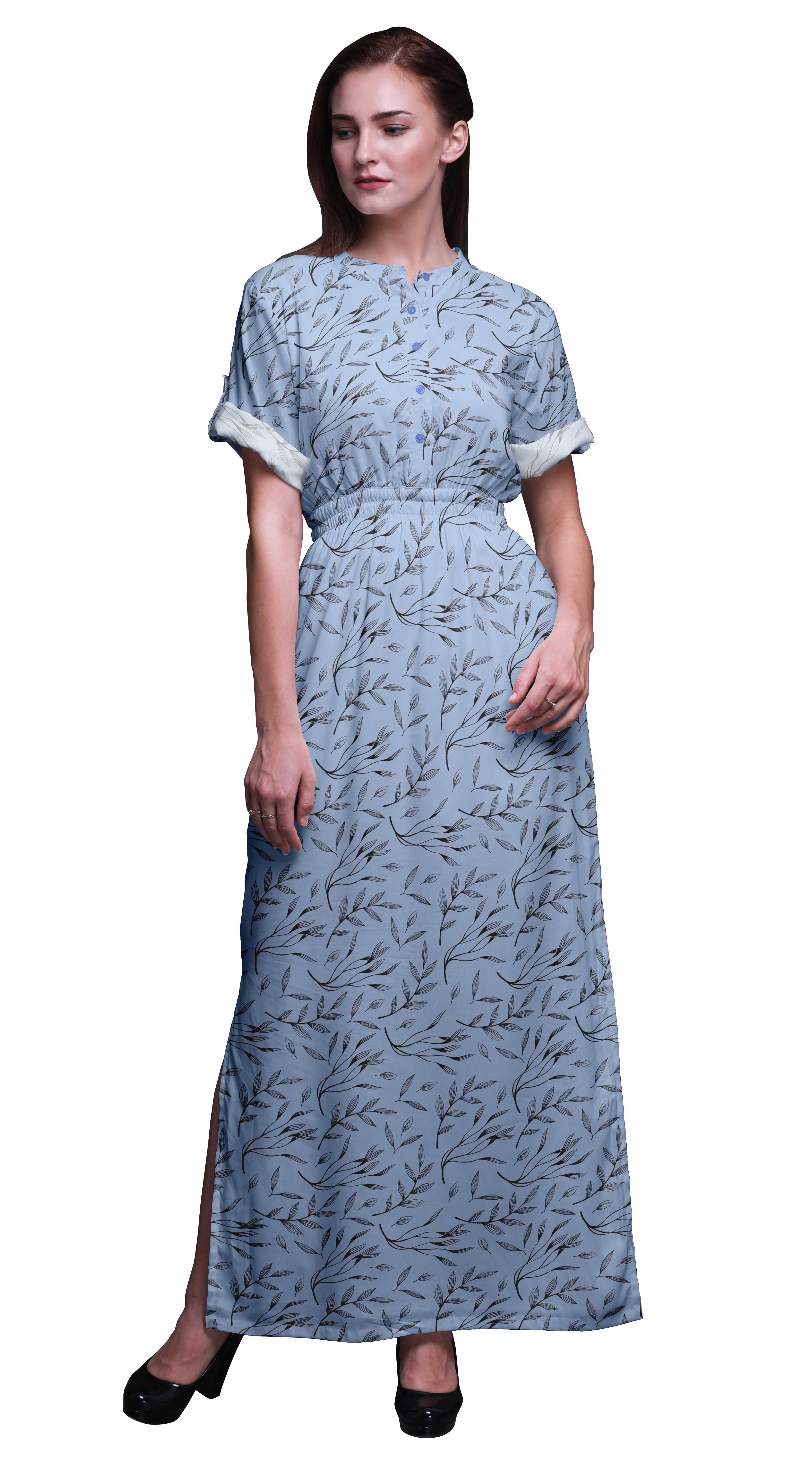 Bimba Rayon Curry Leaves Womens Printed Side Slit SummerDressLong Maxi Gown-Medium