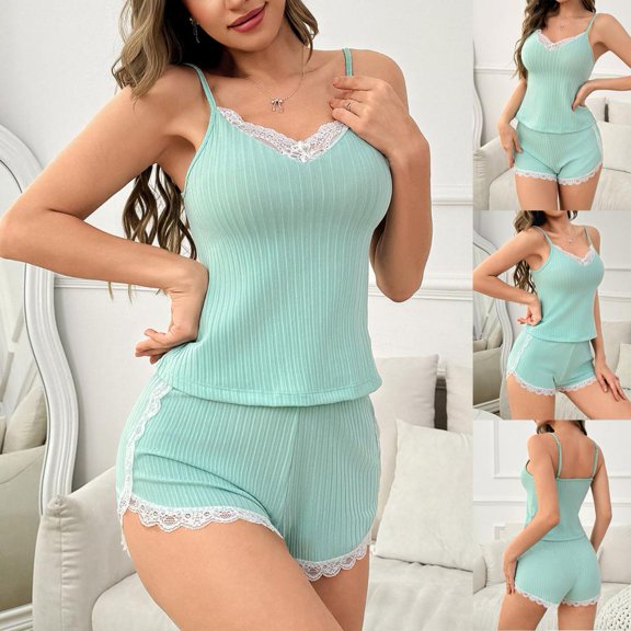 Karight Womens Ribbed Cami Shorts Set Adjustable Spaghetti Strap V Neck Sleepwear with Lace Trim 2 Piece Pajama Loungewear Outfits