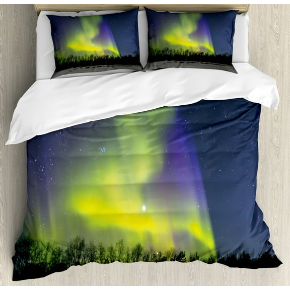 Alaska King Size Duvet Cover Set, Aurora Borealis over the Snow Covered Forest in the Northwest America Alaskan Winter, Decorative 3 Piece Bedding Set with 2 Pillow Shams, Multicolor, by Ambesonne