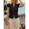 thumbnail image 4 of Women Puff Short Sleeve Button Down Shirt Collared Ruched Fitted Blouse, 4 of 6