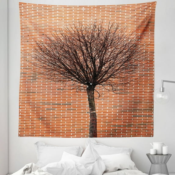 Modern Tapestry, Brick Wall Bare Branched Lonely Tree Street View Art Print Symbolic Abstract, Fabric Wall Hanging Decor for Bedroom Living Room Dorm, 5 Sizes, Cinnamon and Brown, by Ambesonne