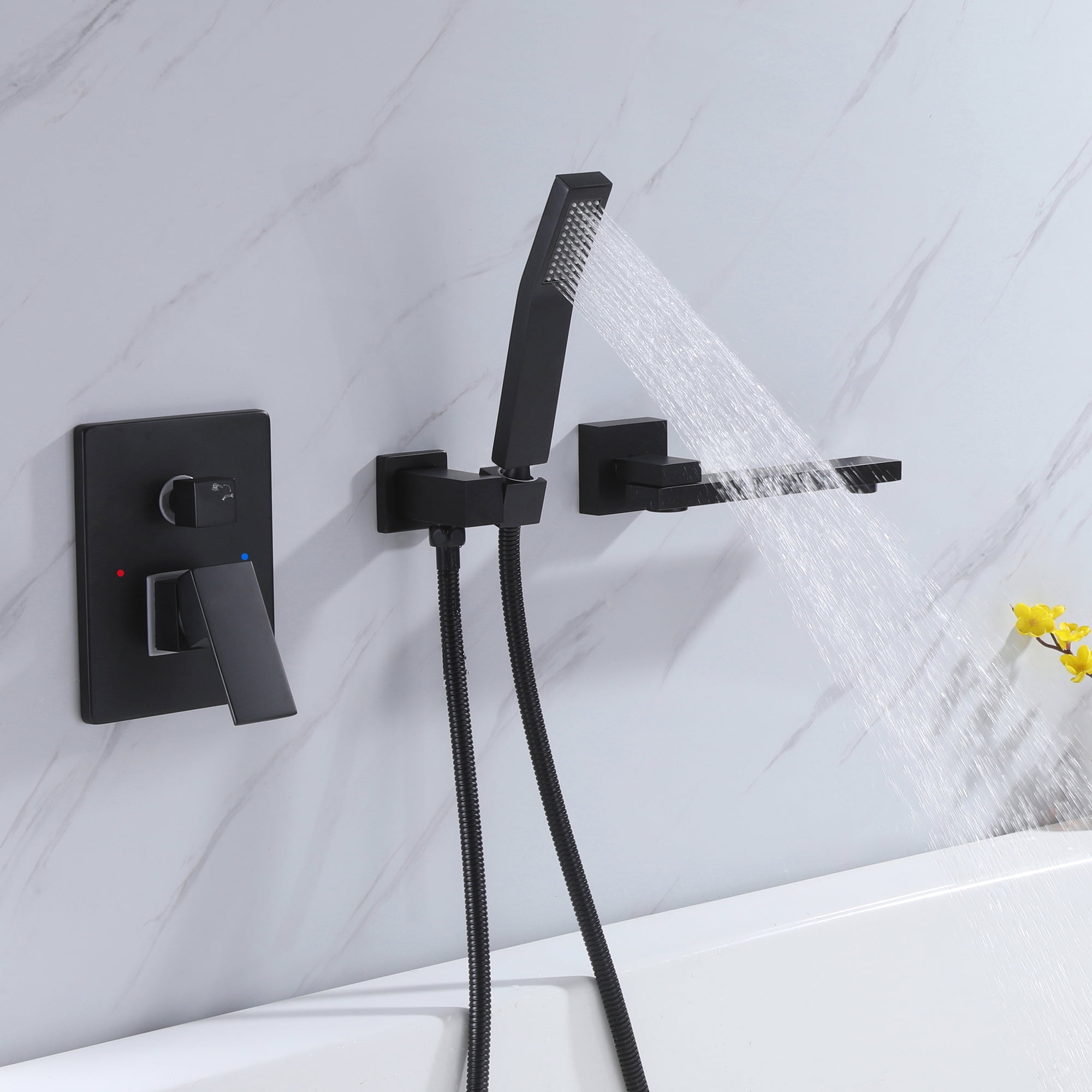 2 Handle Wall Mounted Bathroom Tub Filler with Hand Shower, Brass Matte Black Waterfall Bathtub Faucet, Matte Black