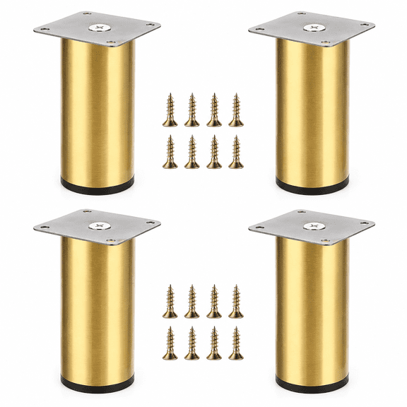 ABCISI 4PCS Stainless Steel Furniture Legs, Metal Cabinet Feet Desk Legs With Black Mounting Plates, Round Furniture Risers Replacement Legs for Table, Couch, Bed, TV Stand, Dresser, Gold, 4 Inch